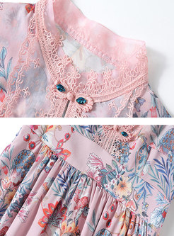 Retro Pink Print Ruffle Sleeve Chiffon Maxi Dress