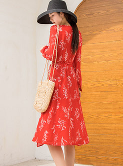 Red V-neck Long Sleeve Chiffon Midi Dress