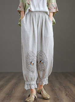 Retro High Waisted Embroidered Linen Pants
