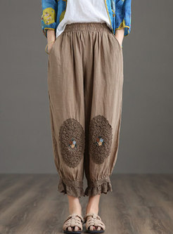 Retro High Waisted Embroidered Linen Pants