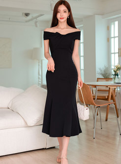 Black Off-the-shoulder Sheath Peplum Maxi Dress