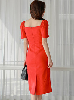 Red Square Neck Puff Sleeve Bodycon Dress