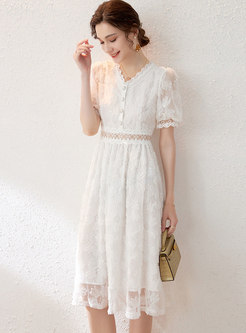White V-neck Lace Mesh Patchwork A Line Dress