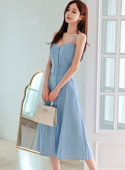 Blue V-neck High Waisted Midi Slip Dress