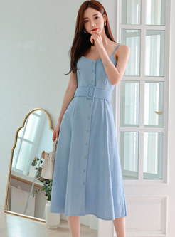 Blue V-neck High Waisted Midi Slip Dress