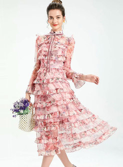 Pink Mock Neck Print Layered Maxi Dress