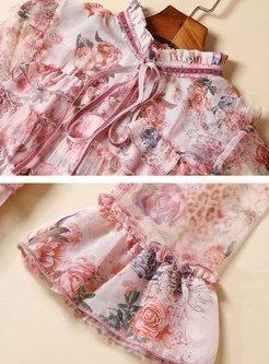 Pink Mock Neck Print Layered Maxi Dress