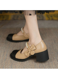 Rounded Toe Color-blocked Chunky Heel Shoes