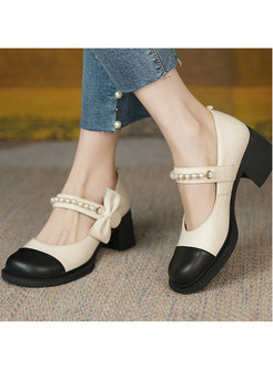 Rounded Toe Color-blocked Chunky Heel Shoes