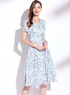 Blue Short Sleeve Print A Line Chiffon Dress
