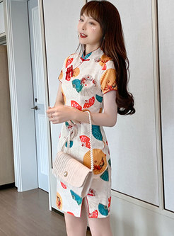 Mandarin Collar Print Bodycon Cheongsam Dress