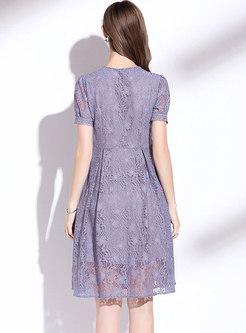 V-neck Lace Openwork A Line Knee-length Dress