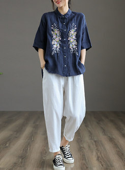 Retro Linen Embroidered Loose Blouse