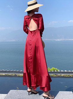 Wine Red Long Sleeve Backless Big Hem Maxi Dress