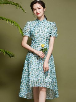 Mandarin Collar Print Puff Sleeve A Line Dress