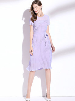 Purple Short Sleeve Chiffon Pleated Dress