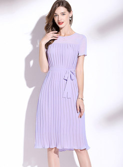 Purple Short Sleeve Chiffon Pleated Dress