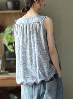 Crew Neck Floral Single-breasted Blouse