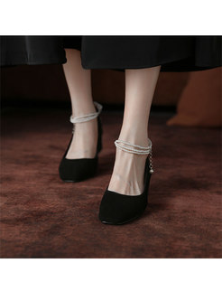 Low-fronted Block Heel Pearl Ankle Strap Shoes