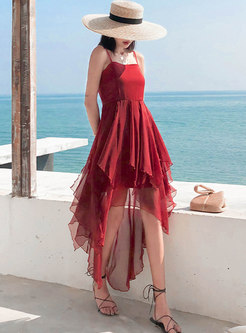 Wine Red Layered Mesh A Line Beach Maxi Dress