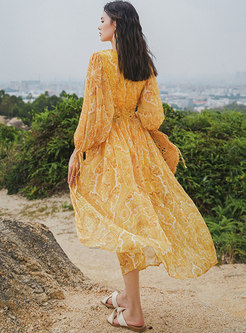 Yellow Lantern Sleeve Print Openwork Beach Dress