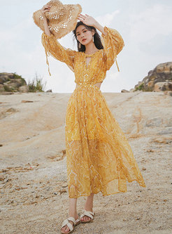 Yellow Lantern Sleeve Print Openwork Beach Dress