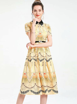 Turn-down Collar Print High Waisted Midi Dress