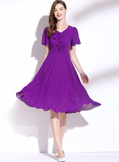 Purple Ruffle Sleeve A Line Chiffon Midi Dress
