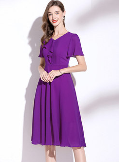 Purple Ruffle Sleeve A Line Chiffon Midi Dress