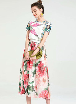Print Pullover High Waisted A Line Maxi Skirt Suits