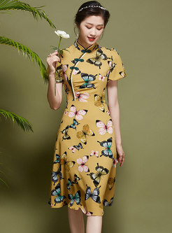 Retro Mandarin Collar Print Chiffon Cheongsam Dress