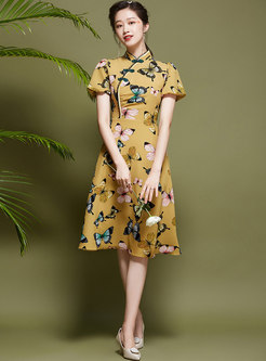 Retro Mandarin Collar Print Chiffon Cheongsam Dress