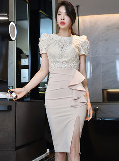 Lace Openwork Pullover Patchwork Sheath Ruffle Dress