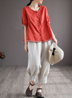 Crew Neck Single-breasted Loose Linen Blouse