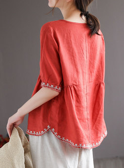 Crew Neck Single-breasted Loose Linen Blouse