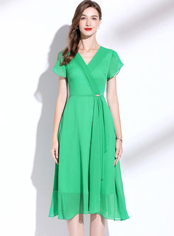 Green V-neck Ruffle Chiffon A Line Midi Dress