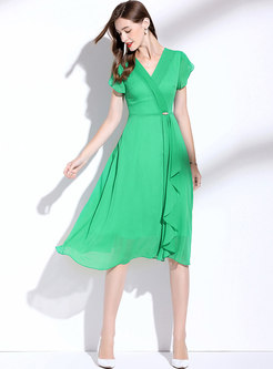 Green V-neck Ruffle Chiffon A Line Midi Dress