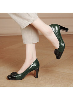 Square Toe Low-fronted Bowknot Chunky Heel Shoes