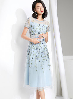 Crew Neck Mesh Embroidered A Line Bridesmaid Dress