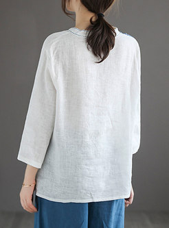 V-neck 3/4 Sleeve Print Patchwork Pullover Blouse