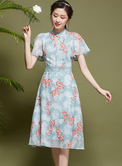 Mandarin Collar Print A Line Cheongsam Dress