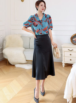 Plus Size Print High Waisted Peplum Maxi Skirt Suits