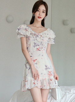 V-neck Ruffle Sleeve Print A Line Mini Dress