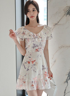 V-neck Ruffle Sleeve Print A Line Mini Dress