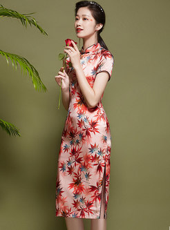 Mandarin Collar Print Short Sleeve Bodycon Dress