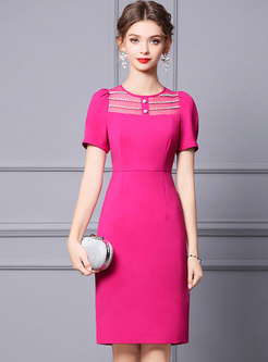 Beaded Puff Sleeve Mesh Patchwork Cocktail Dress