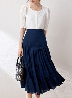 Square Neck Openwork Blouse & A Line Pleated Maxi Skirt
