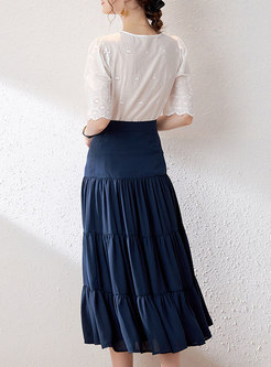 Square Neck Openwork Blouse & A Line Pleated Maxi Skirt