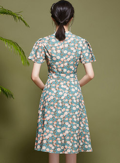V-neck Ruffle Sleeve Print A Line Dress