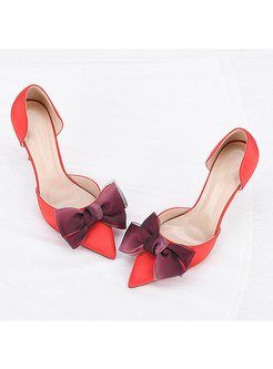 Red Pointed Toe Bowknot Satin Wedding Heels